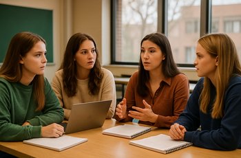 Students seated around a table reviewing documents during a Panhellenic council recruitment training meeting.