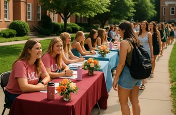 A row of sorority recruitment tables set up in a campus building during formal Panhellenic recruitment week.