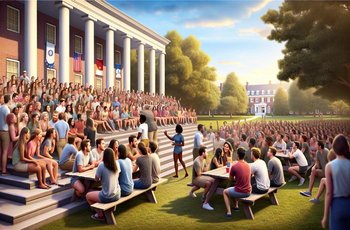 Students sitting in a circle during a sorority recruitment event on a college campus, engaged in structured conversation.