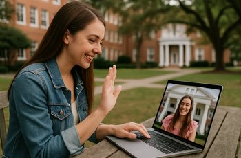 A laptop screen showing a video call during virtual sorority recruitment in 2020, with women visible in a grid of tiles.