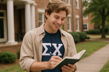 Two students reviewing a planning calendar at a table, representing Greek life social event coordination.