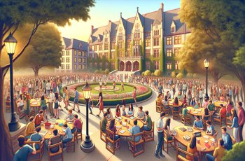 Students talking during sorority recruitment on a small college campus, seated in a circle during a chapter visit.