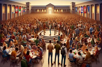 Students gathered outside a fraternity house during a campus social event, representing Greek life chapter reputation and culture.