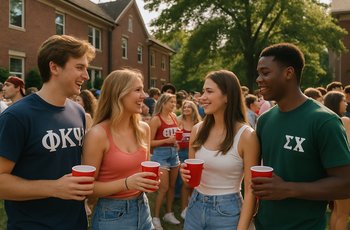 Students from two Greek organizations mingling at a themed mixer event on a college campus