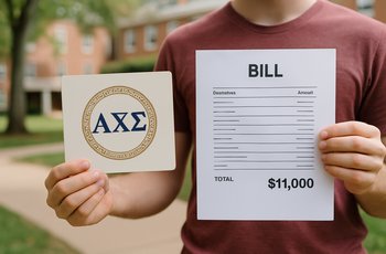 A college student reviewing Greek life dues paperwork and financial statements at a campus desk.