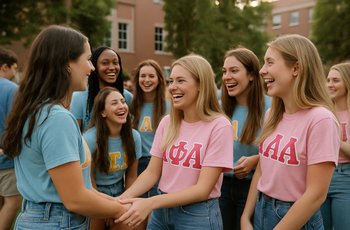College students from two Greek chapters mingling at a themed mixer event on campus.
