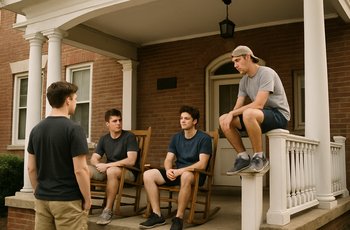 Students gathered on a fraternity house porch during a casual afternoon on a college campus.