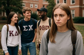 Fraternity brothers gathered outside a chapter house talking in a casual group setting on a college campus.