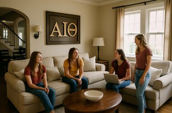 Interior common room of a sorority chapter house with composite photos and shared living space on a college campus.