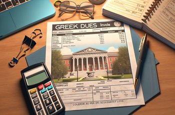 A fraternity dues invoice and chapter meeting agenda on a college student's desk