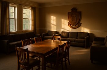 Rows of empty chairs inside a sorority chapter room with afternoon light coming through the windows.
