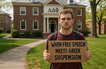 Students gathered outside a college building, representing Greek life organizations affected by an institutional suspension policy.