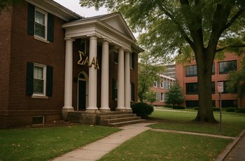 Students walking past a university building where a fraternity chapter was shut down following a hazing incident