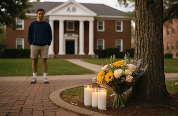 Empty fraternity recruitment event space with chairs set up, representing a campus pause after a member's death.