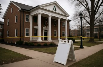 Empty fraternity house porch on a college campus with a university building visible in the background