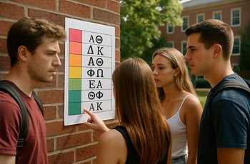 Students outside a fraternity house during recruitment season on a college campus