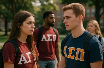 Students outside a fraternity house during recruitment, representing campus Greek life ranking culture and tier systems.