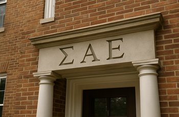 Stone facade of a fraternity house with three Greek letters carved above the front entrance doors.