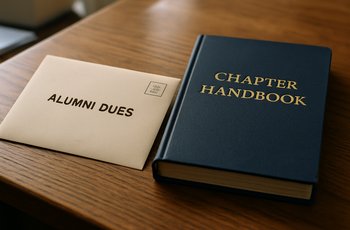 A sorority alumna's donation envelope placed on a desk beside a chapter membership handbook and a pen.