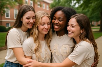 Sorority members gathered together on a university campus, representing sisterhood and chapter traditions.