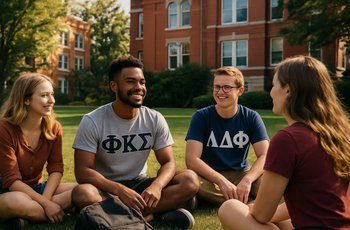 Students gathered on a college campus representing Greek life involvement in scholarship and service activities.