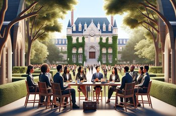 Sorority alumnae advisor sitting with active chapter members during an advisory board meeting on a college campus