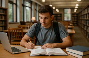 College student studying alone at a library table with textbooks and a laptop open during their first semester.