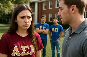 College students in a chapter meeting reviewing Panhellenic documents and organizational policies at a campus conference table.
