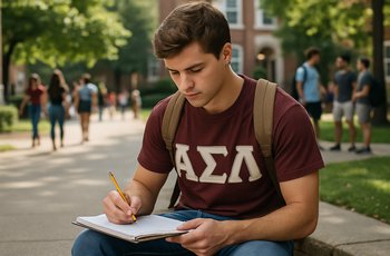 College student sitting at a desk with textbooks and a laptop, Greek letters visible on a nearby sweatshirt.